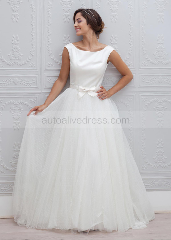 Ivory Cotton Polka Dot Tulle V Back Modest Wedding Dress 